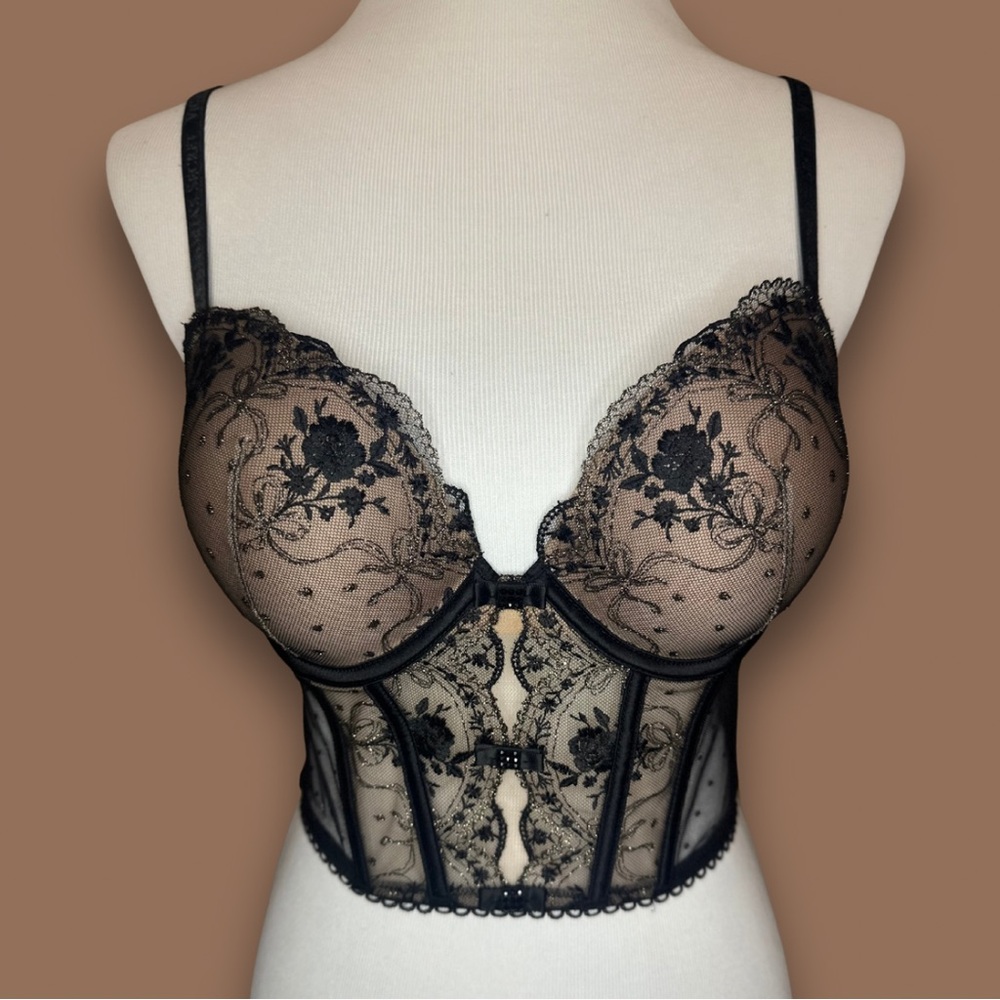 Victoria’s Secret Nude Illusion Sheer Black Embroidered Corset (32C)